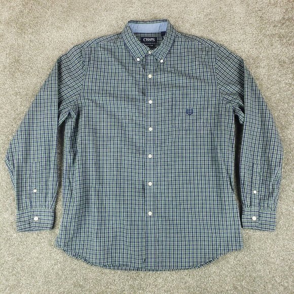 Chaps Shirt Large L Mens Green Blue Check Long Sleeve Logo Collared Button Down - Picture 1 of 7